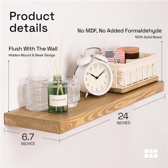 Natural Wood Floating Shelves for Wall 24 inch - Floating Wall Shelves - Picture 3 of 8